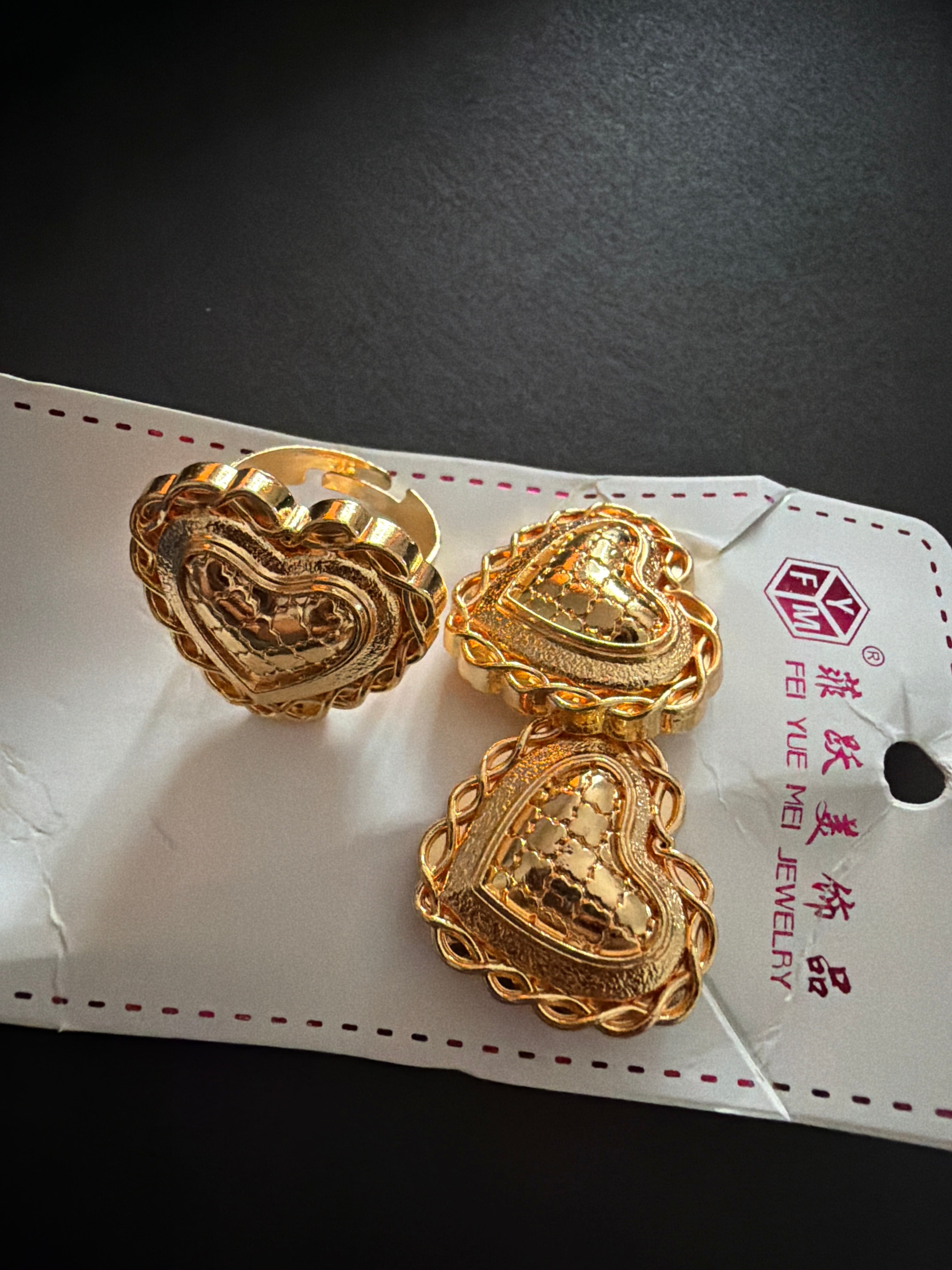 Gold-Tone Heart Jewelry Set (Ring & Earrings)