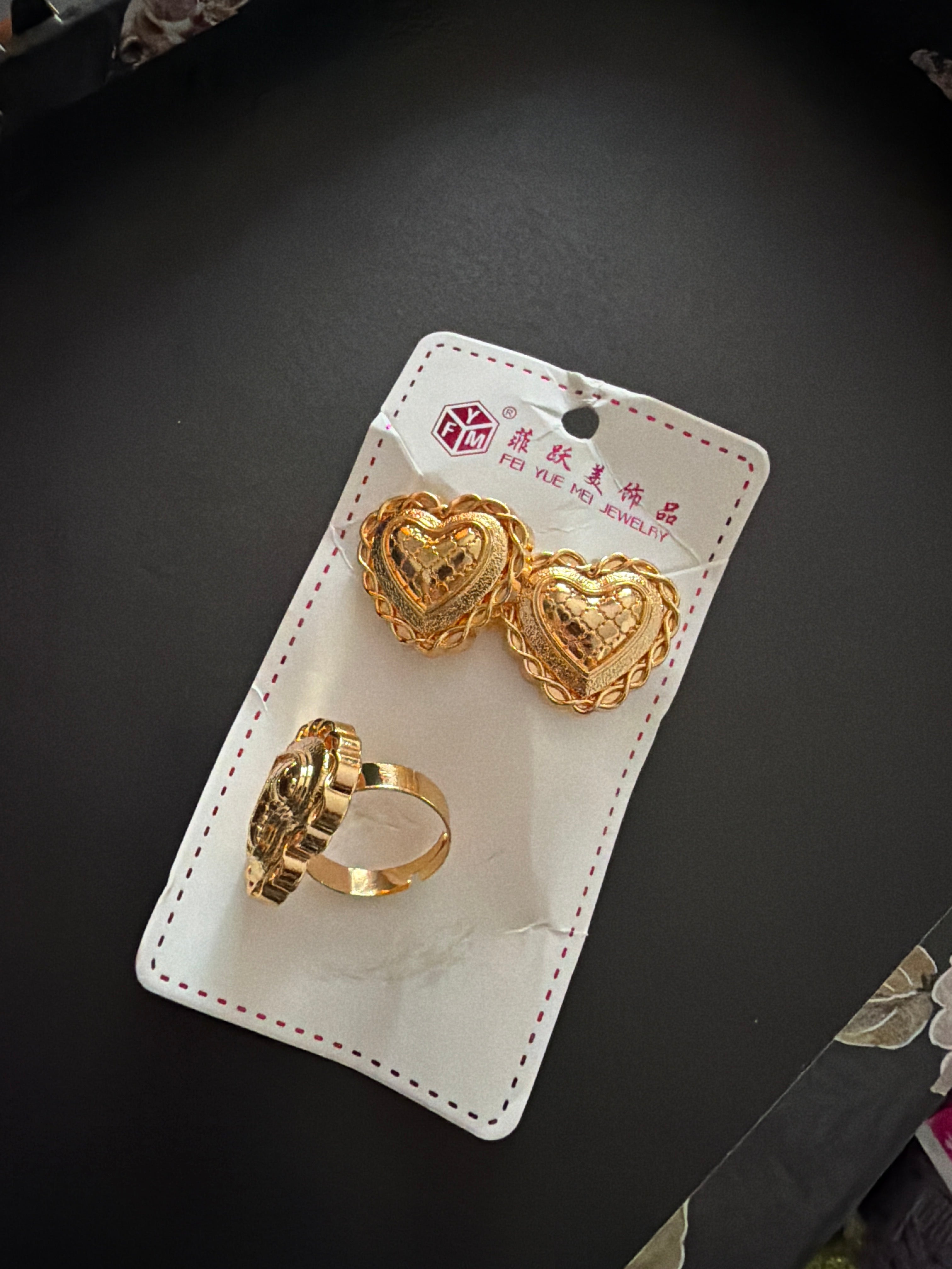Gold-Tone Heart Jewelry Set (Ring & Earrings)
